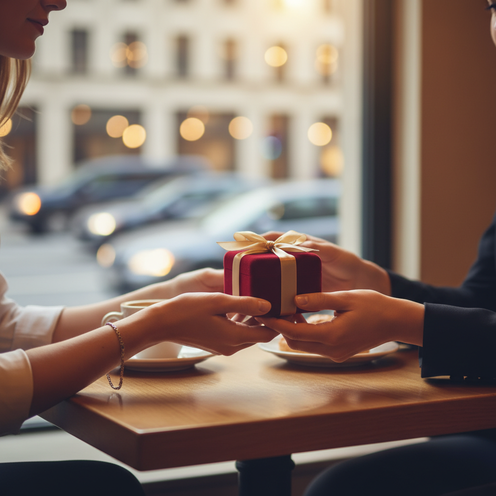 Gifting a velvet jewelry box across a cafe table in New York for a thoughtful jewelry gift under 250