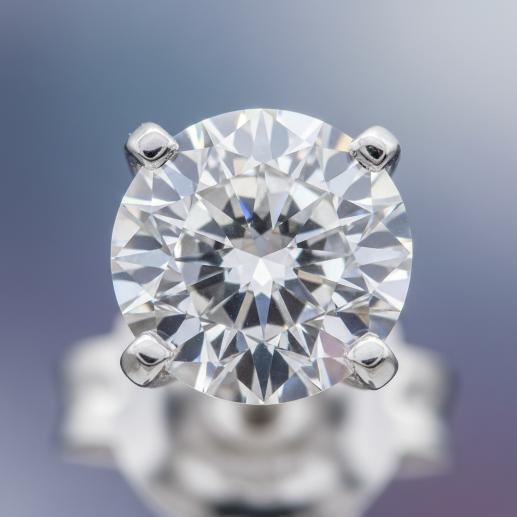 Close-up lab-grown diamond stud earring in a white gold four-prong setting for jewelry gifts under 250