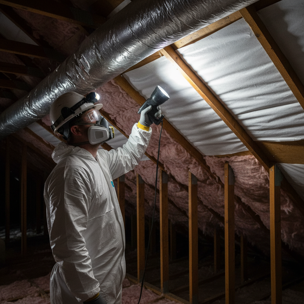 Inspector examining attic insulation and ventilation during a GTA pre-purchase inspection with flashlight and PPE