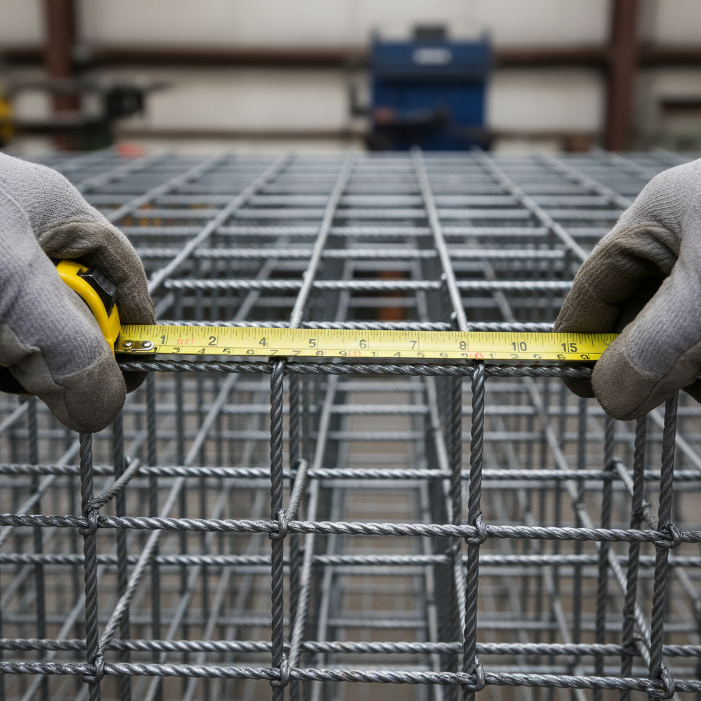 Welded wire mesh 6x6 close-up with tape measure confirming grid spacing for slab reinforcement