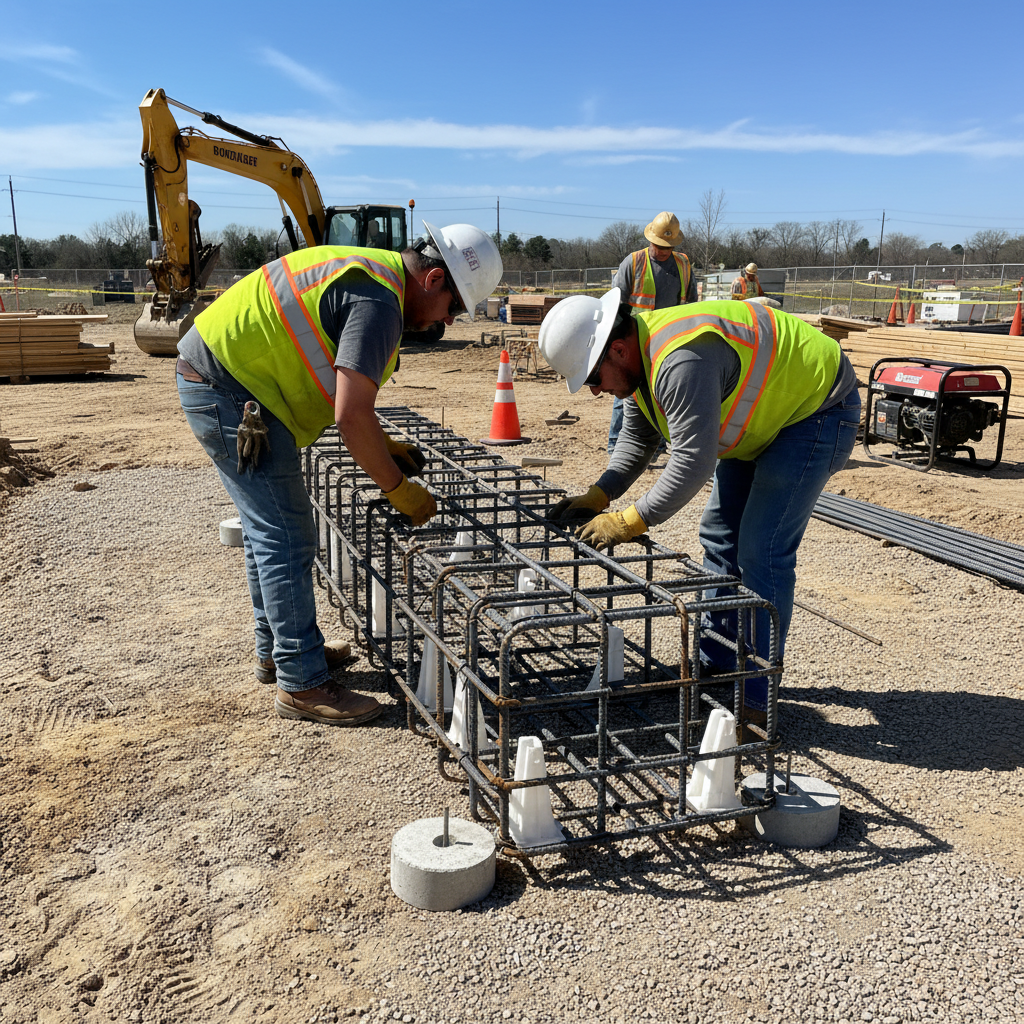 Ironworkers tying rebar footing cage with spacers and chairs on compacted base before concrete placement