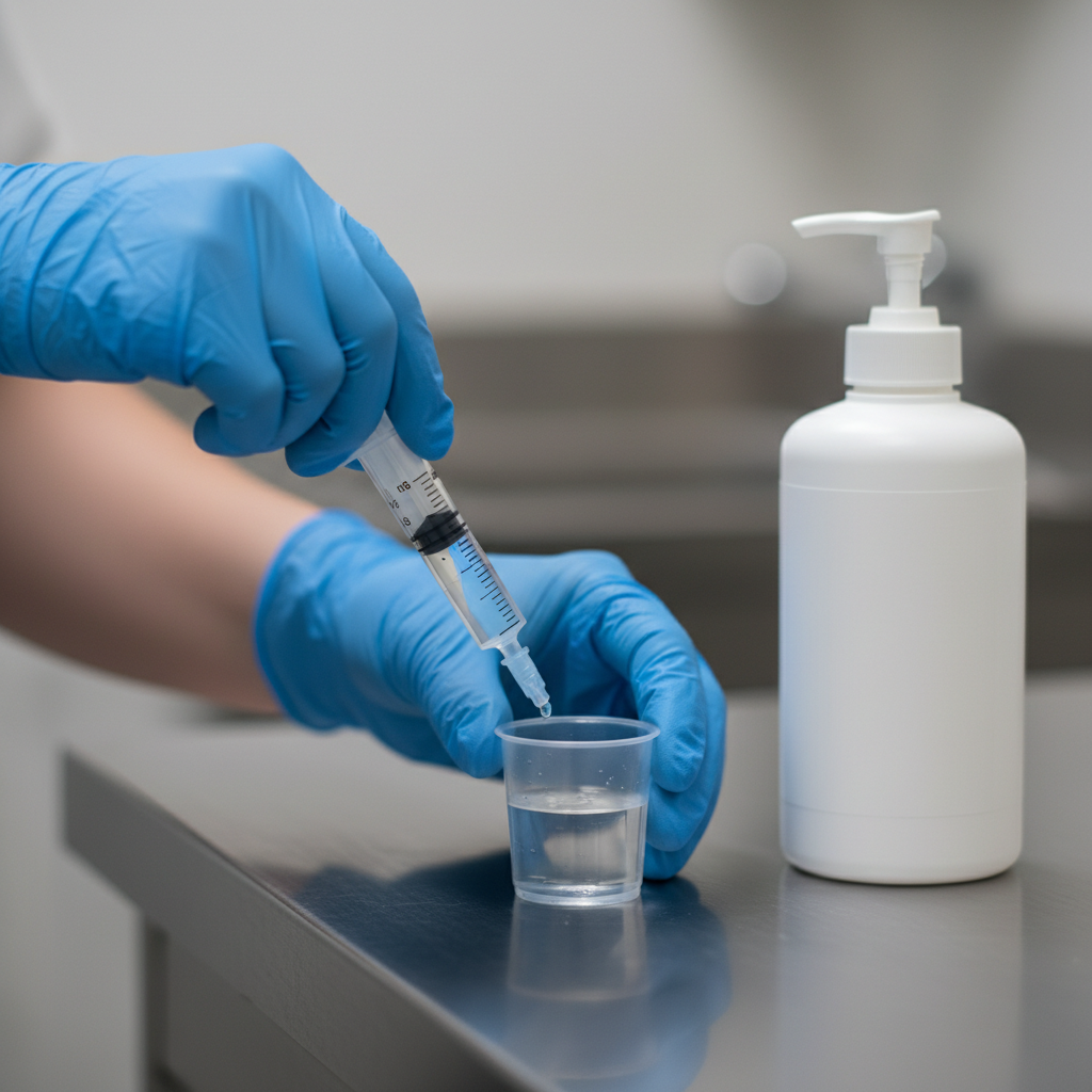Detail view of a clinician measuring a supervised methadone dose in a clinic setting, illustrating safe, consistent dosing at a methadone clinic