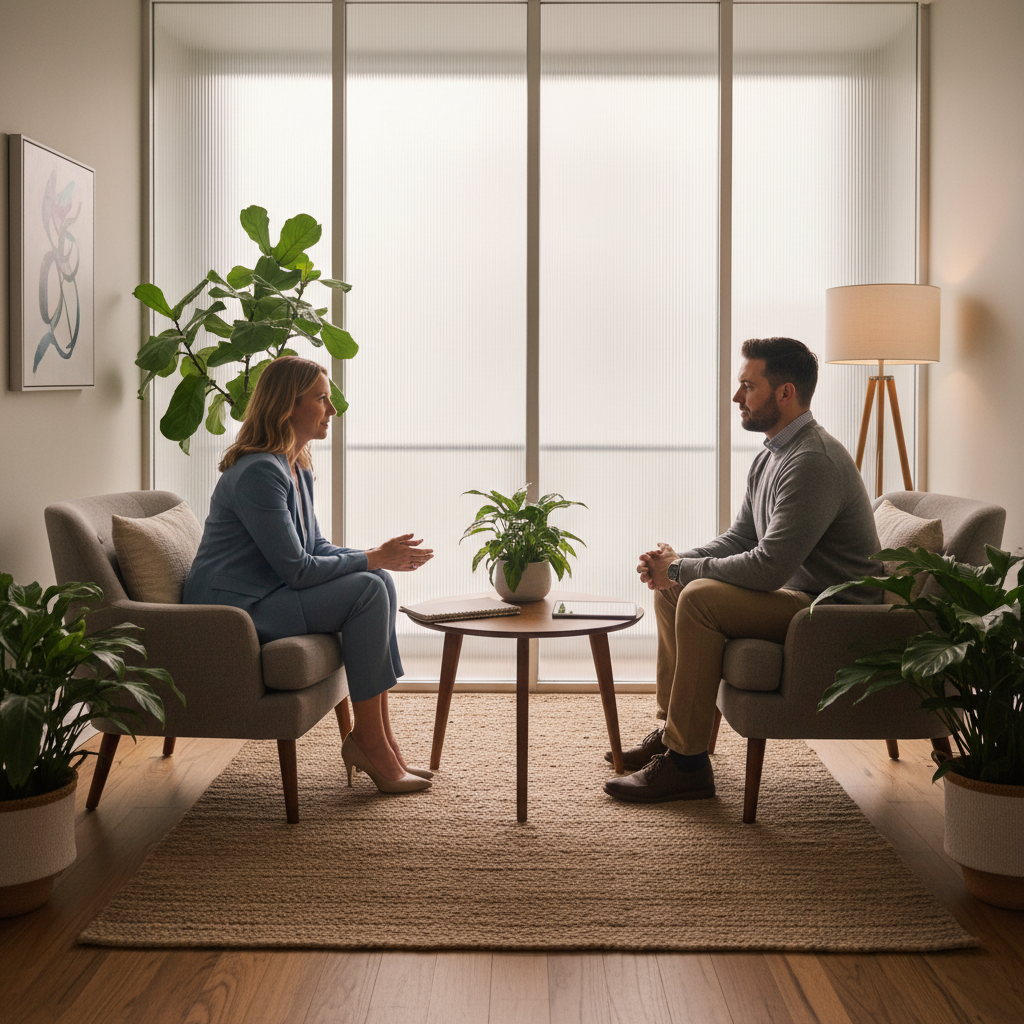 Private counseling room scene showing a clinician and patient discussing a recovery plan at a methadone clinic in Ontario