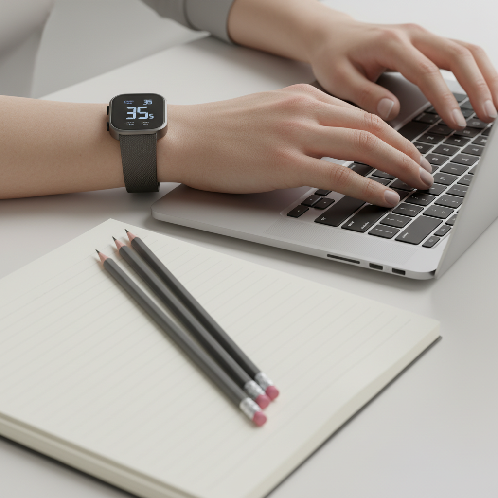 Close-up PMP mock exam timing setup with watch and laptop, highlighting time-management tips for PMP mock exams