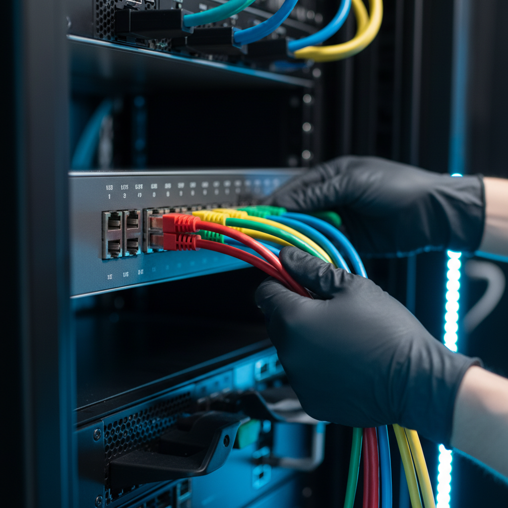 Close-up of structured cabling and patch panel used in managed IT services London to deliver reliable networks