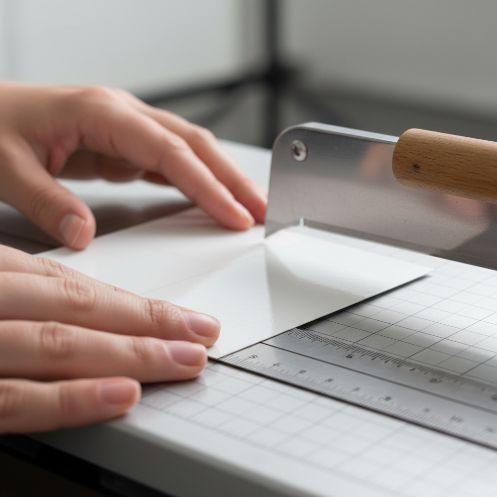 Close-up of professional postcard trimming for real estate direct mail ideas with precise alignment on a paper cutter