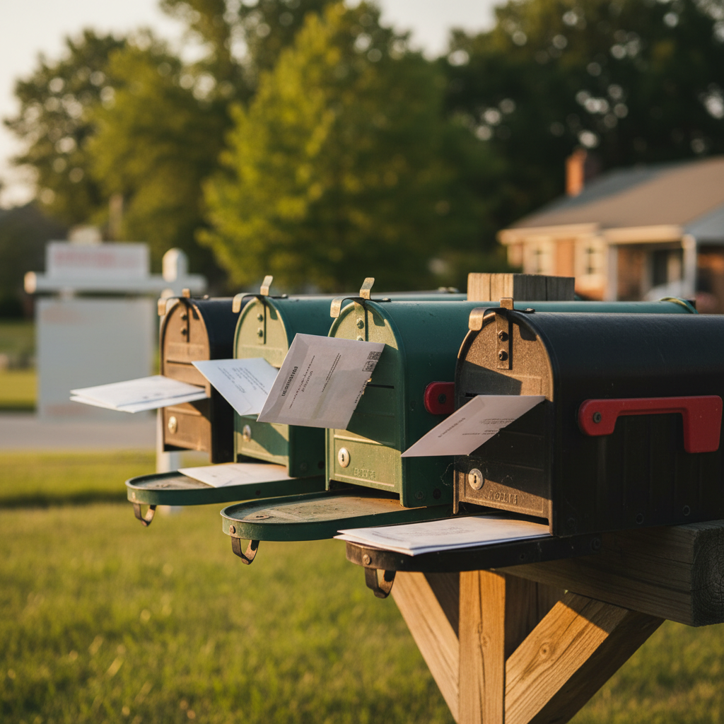 Suburban community mailbox cluster at golden hour supporting real estate direct mail ideas with envelopes visible