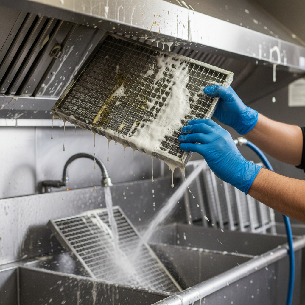 Technician removing greasy baffle filters for professional hood cleaning during restaurant deep cleaning services