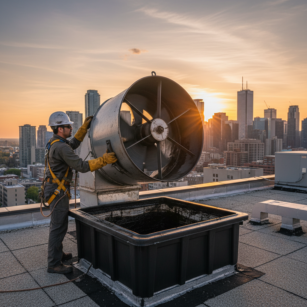 Rooftop exhaust fan lifted on hinges for cleaning during restaurant deep cleaning services with safety harness and grease containment