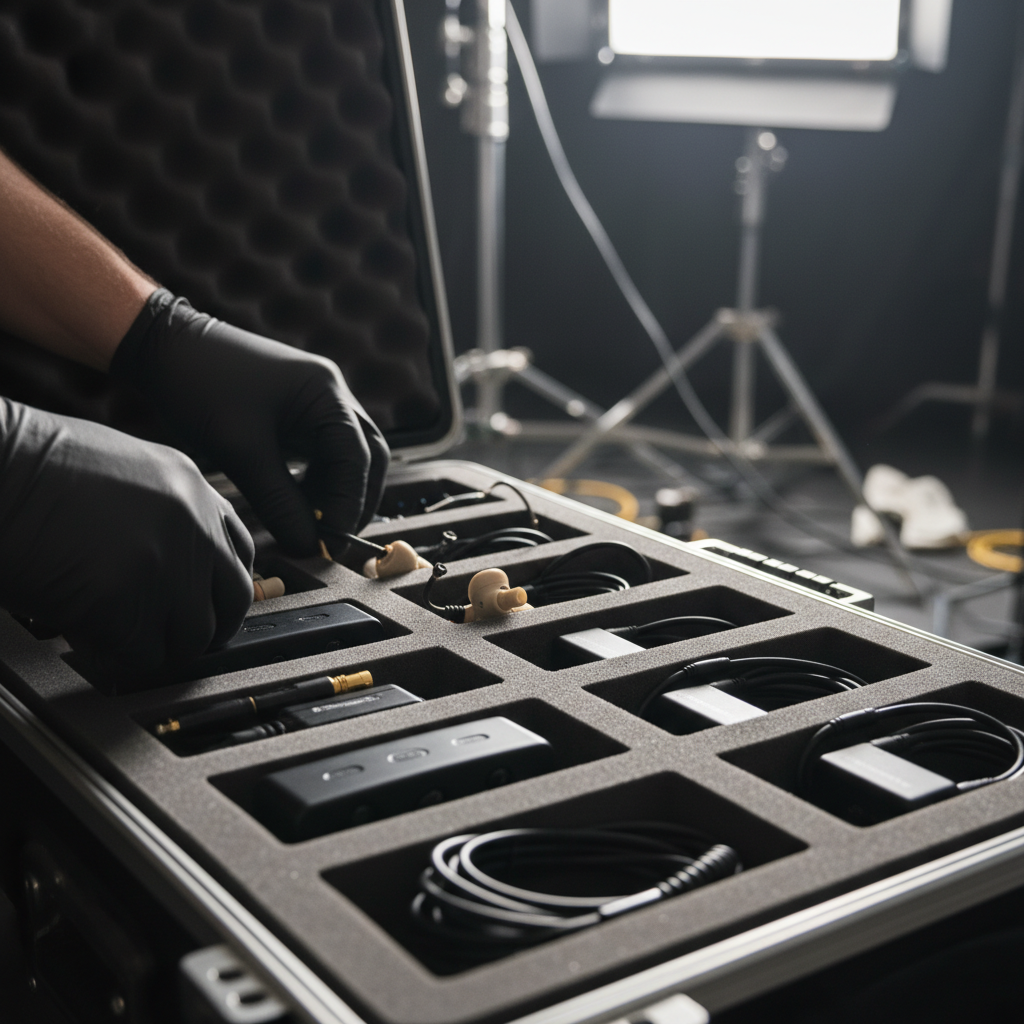 Close-up of wireless microphones and in-ear monitors arranged for a product launch rehearsal, highlighting AV readiness to avoid product launch event mistakes