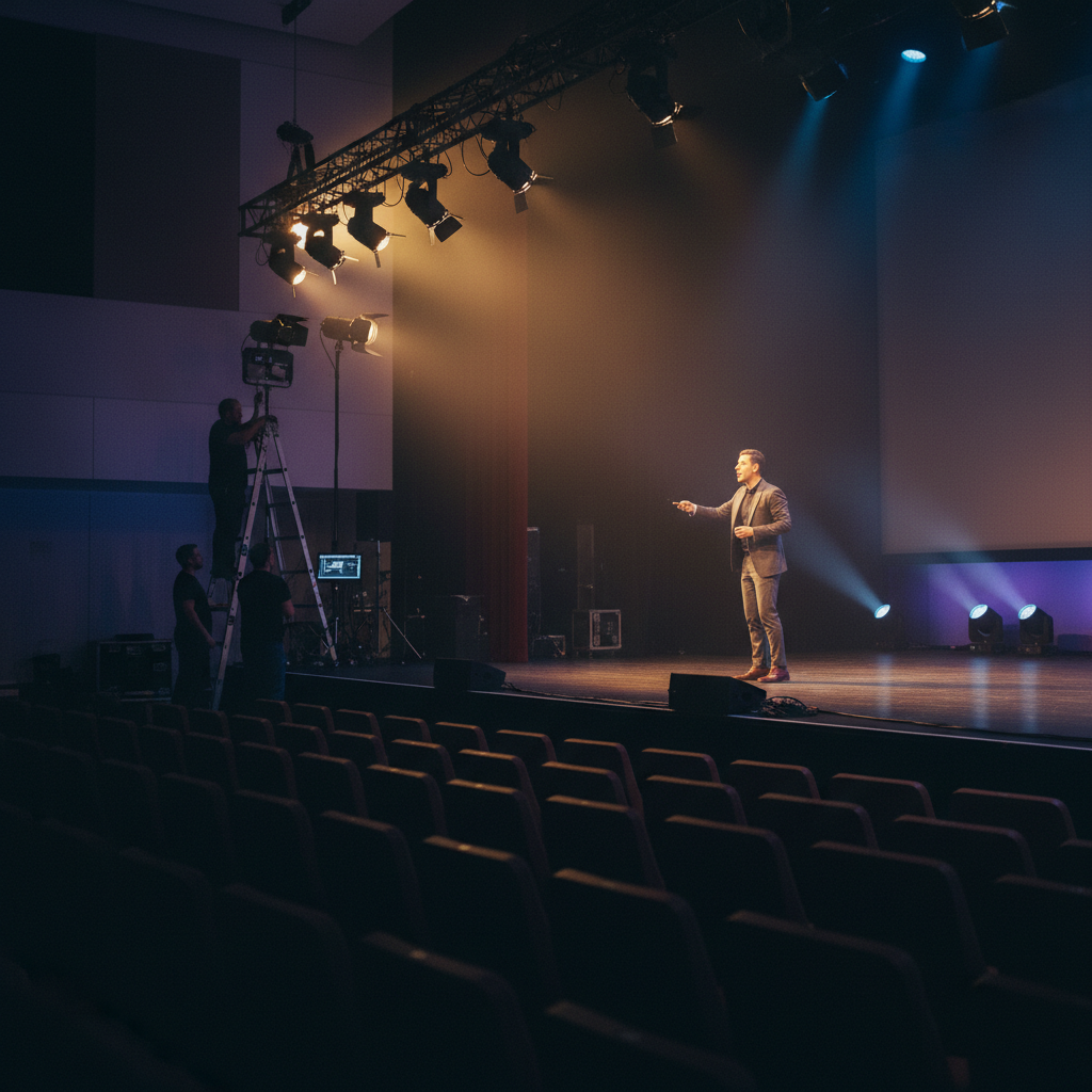 Side-angle view of a product launch rehearsal in Greater London, presenter practicing on stage while crew adjust lights to prevent launch-day errors