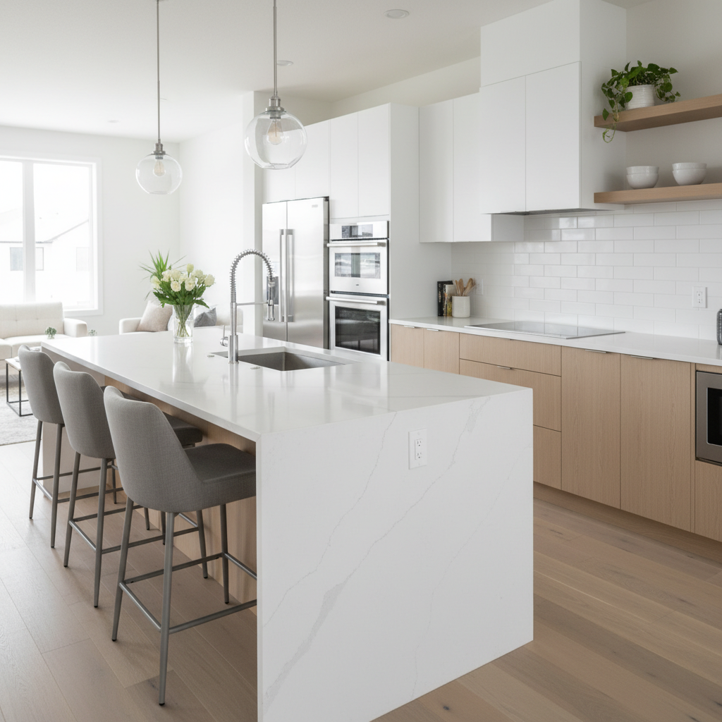 Modern Allard Edmonton kitchen interior with quartz counters and stainless appliances, illustrating finishes common in Allard homes for sale Edmonton
