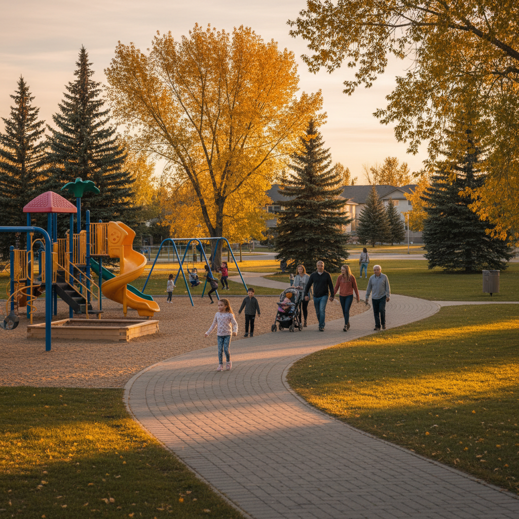 Family-friendly Southeast Edmonton park scene near Allard, reflecting walkability and outdoor lifestyle for Allard homes for sale Edmonton