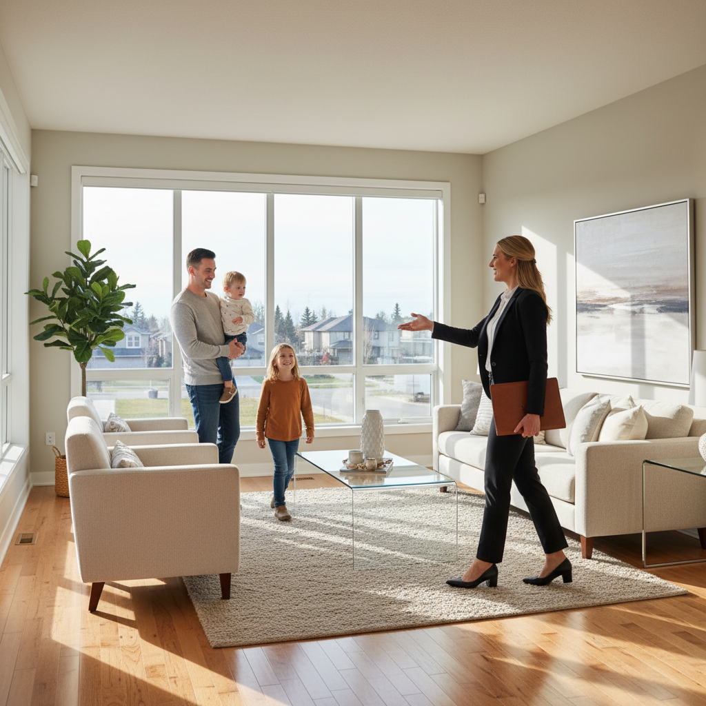 Real estate agent greeting a family during a home tour in Southeast Edmonton, illustrating the buying process and neighborhood fit