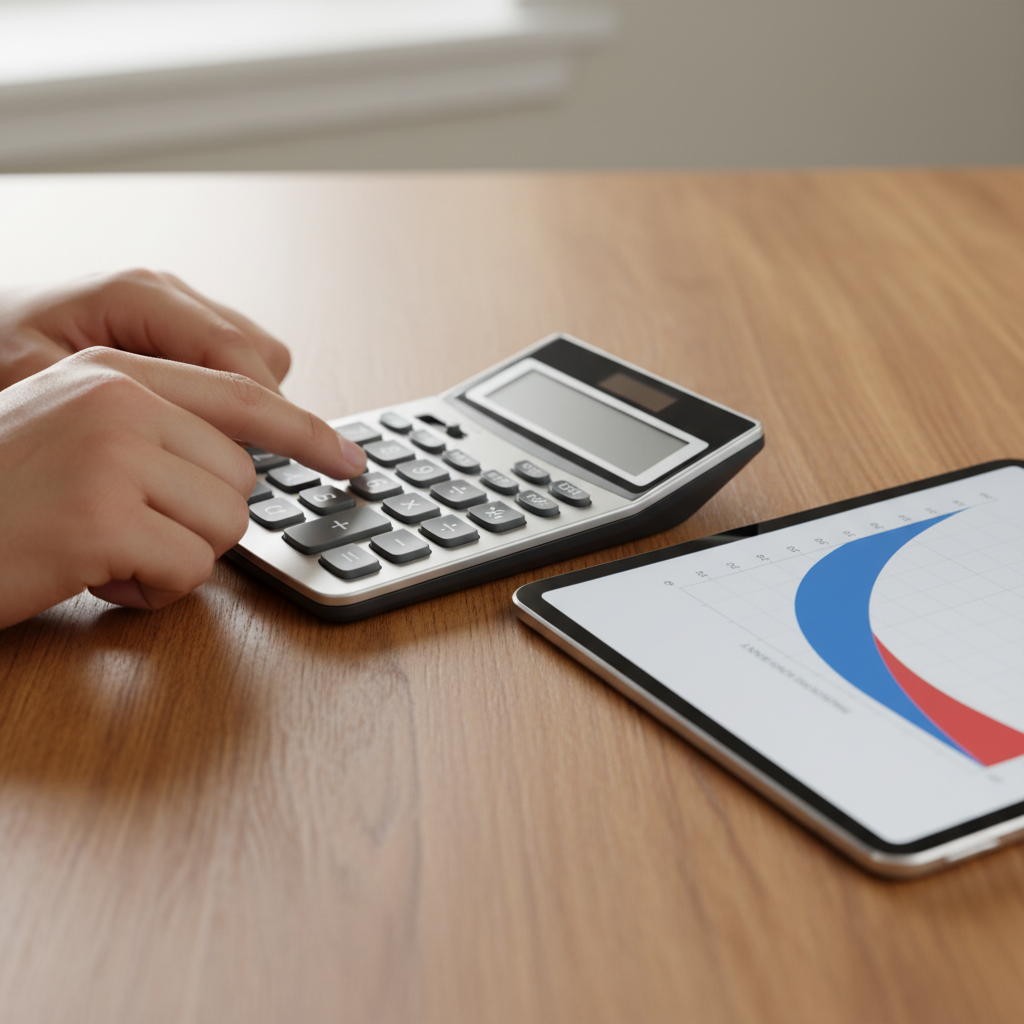 Close-up of hands using a prepayment mortgage calculator with an amortization graph on a tablet, modeling extra payments