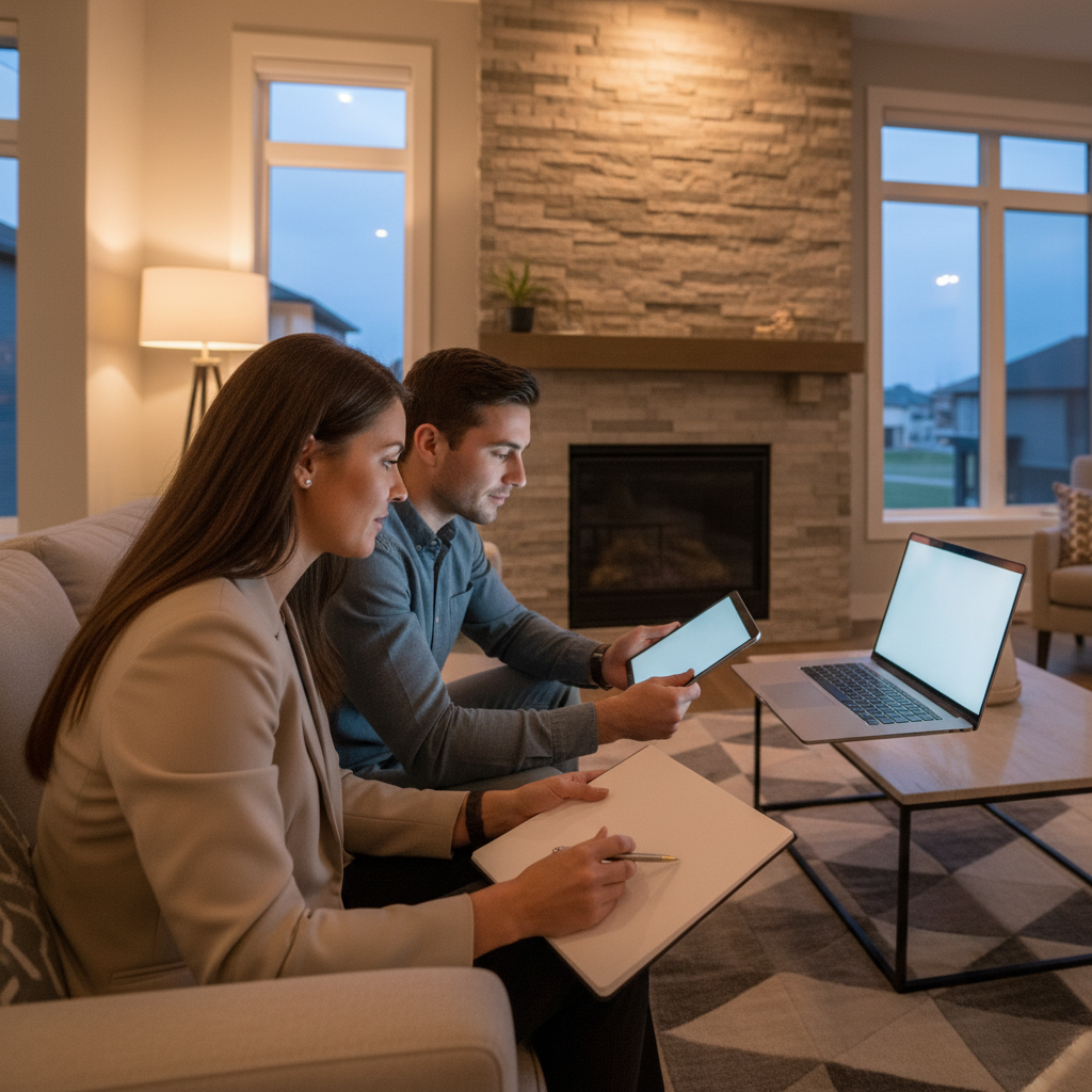 Real estate agent in Southeast Edmonton collaborating with homebuyers on a prepayment mortgage calculator plan in a modern living room