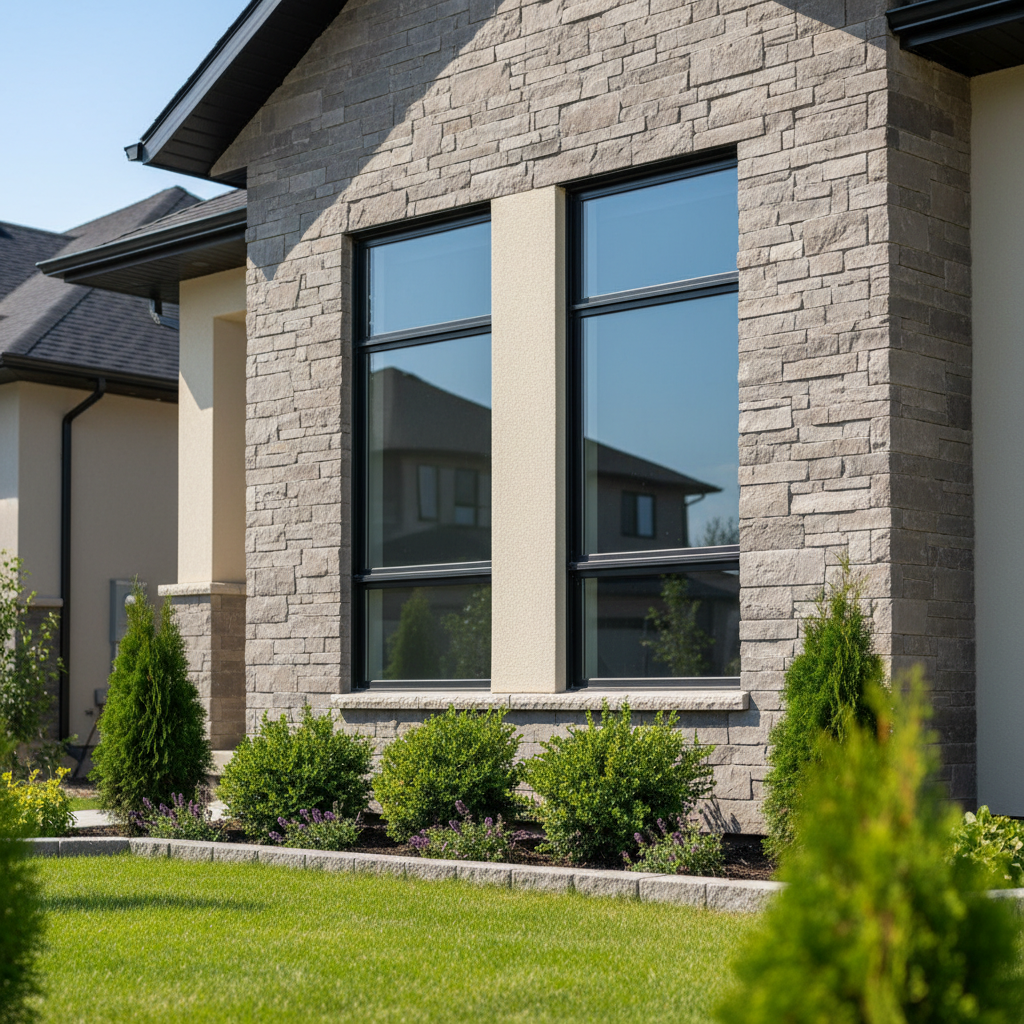 Modern Windermere luxury home exterior detail in Edmonton with stone and stucco, ideal for buyers comparing Windermere homes for sale Edmonton