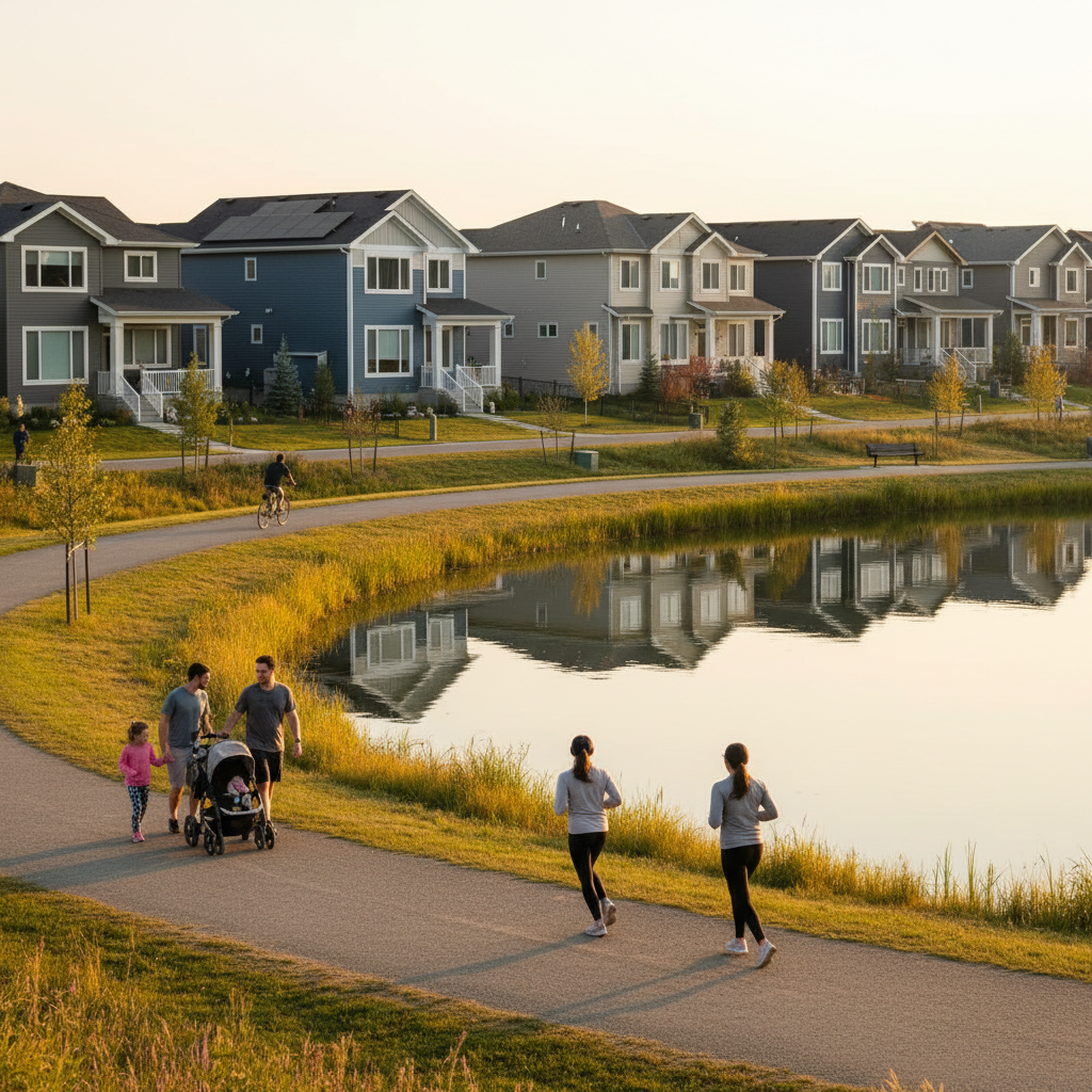 Southeast Edmonton walking path beside a pond with homes in background, reflecting lifestyle near Windermere communities for Edmonton buyers