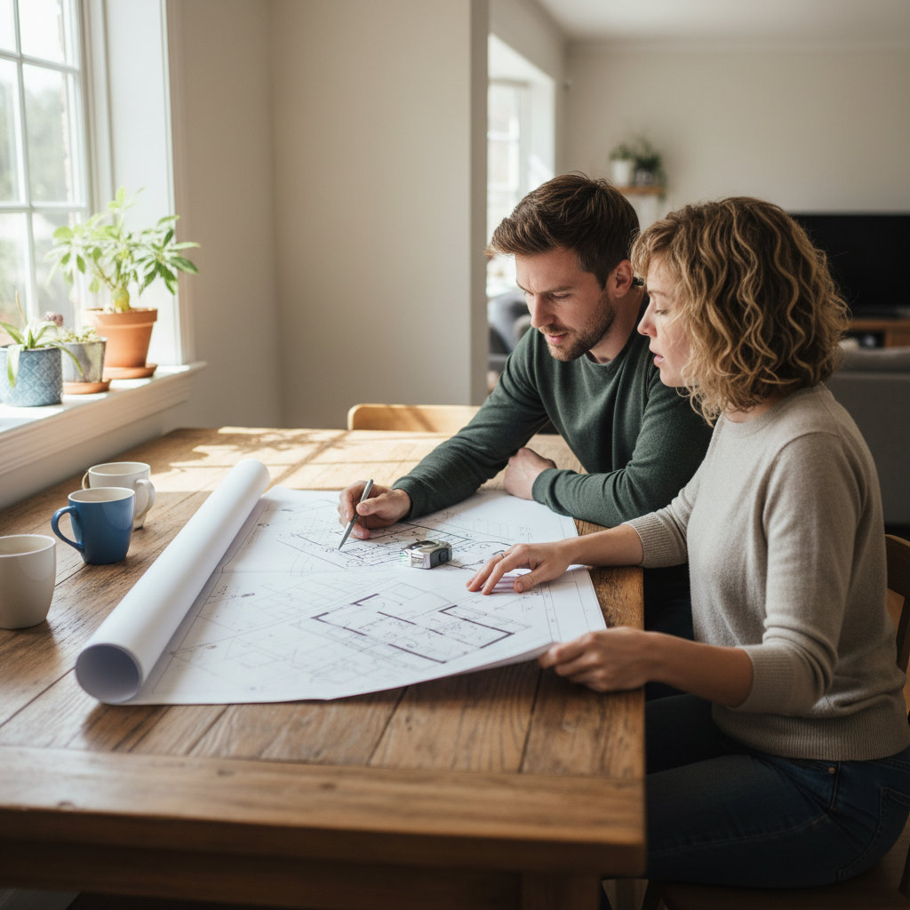 Couple in an Edmonton home reviewing floor plans and neighborhood map as part of an MLS listings Edmonton buying plan