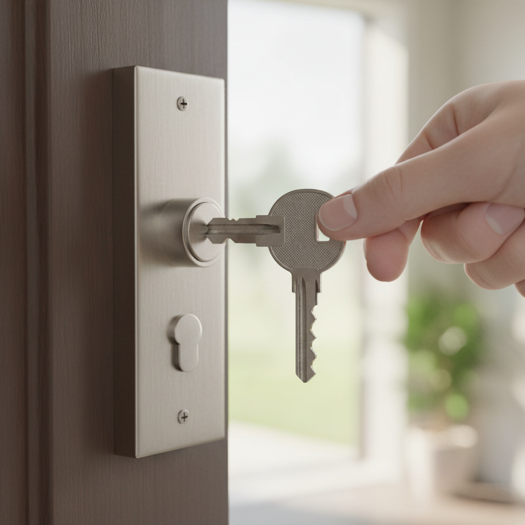 Close-up of a house key in a modern Edmonton front door, symbolizing MLS listings Edmonton search and offer readiness