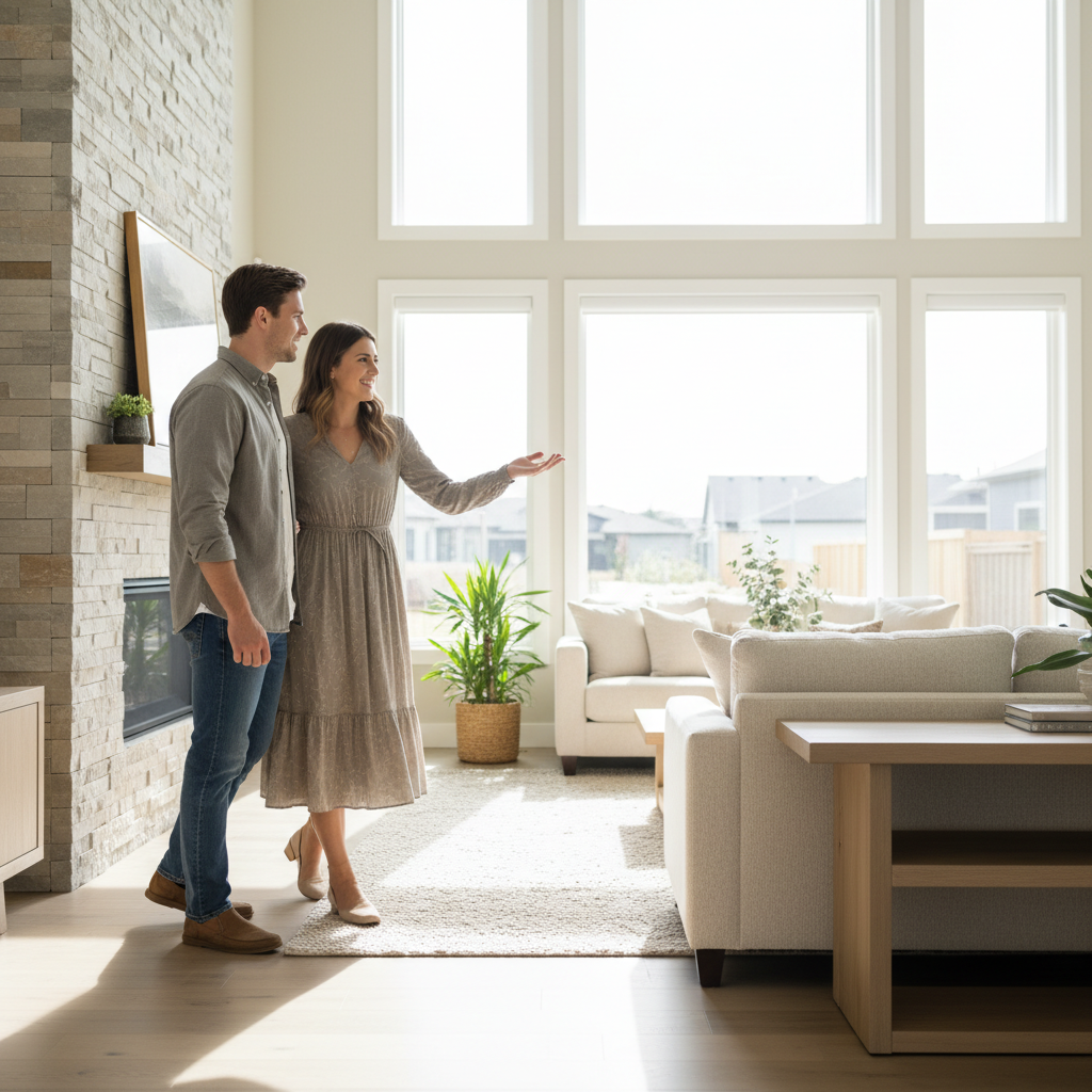 Realtor guiding buyers through a bright modern Edmonton living room, representing MLS search tours and offer strategy