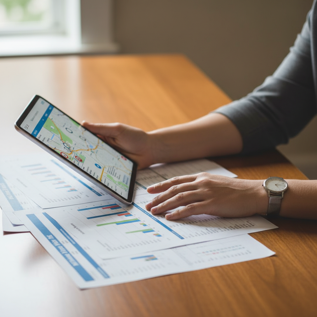 Edmonton real estate market tools: agent analyzing MLS charts and map search on tablet