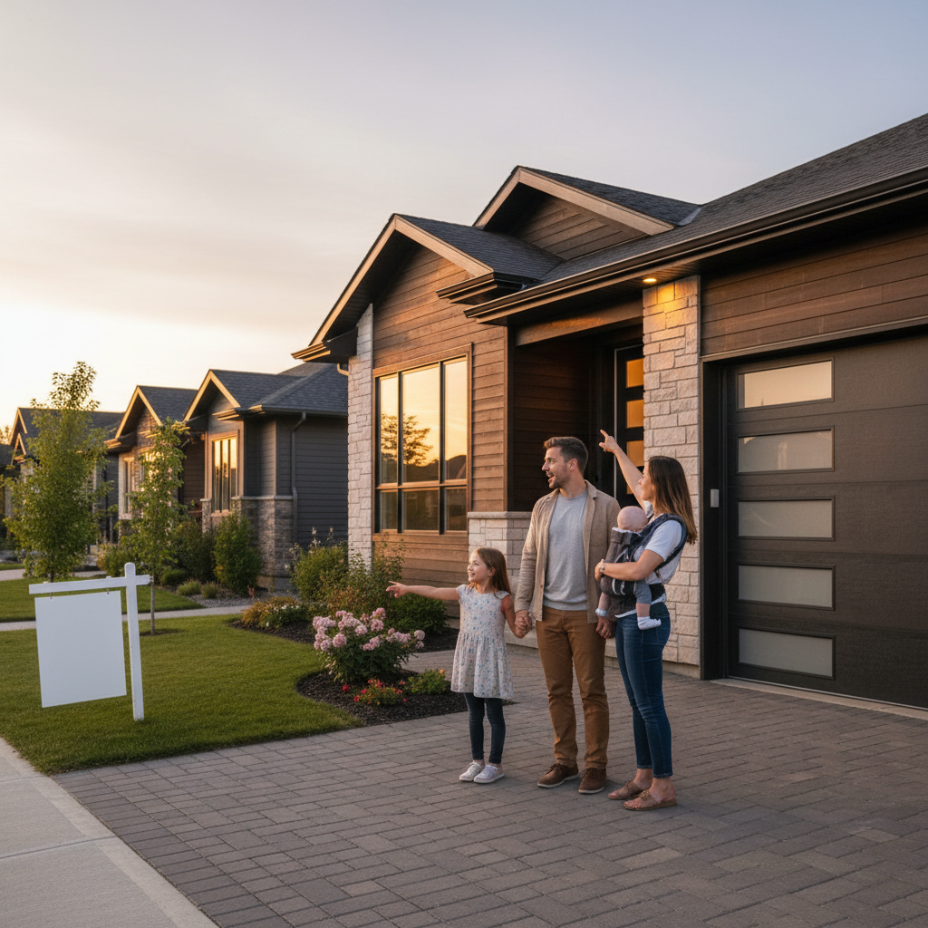 Family touring an open house in Southeast Edmonton, showing curb appeal and evening lighting