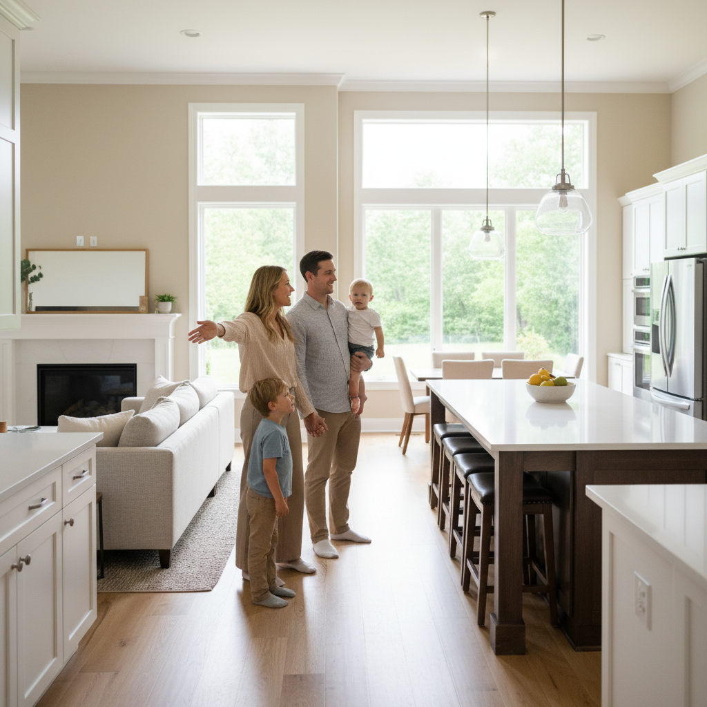 A REALTOR touring a family through a bright open-concept Edmonton home, illustrating the showing process and expert guidance