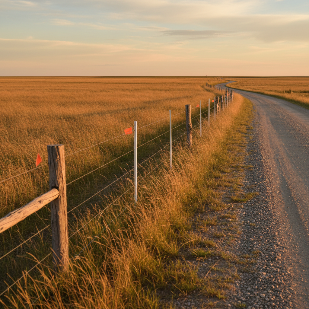 Acreage boundary fence and gravel road near Edmonton showing access conditions buyers should check before purchasing an acreage for sale Edmonton