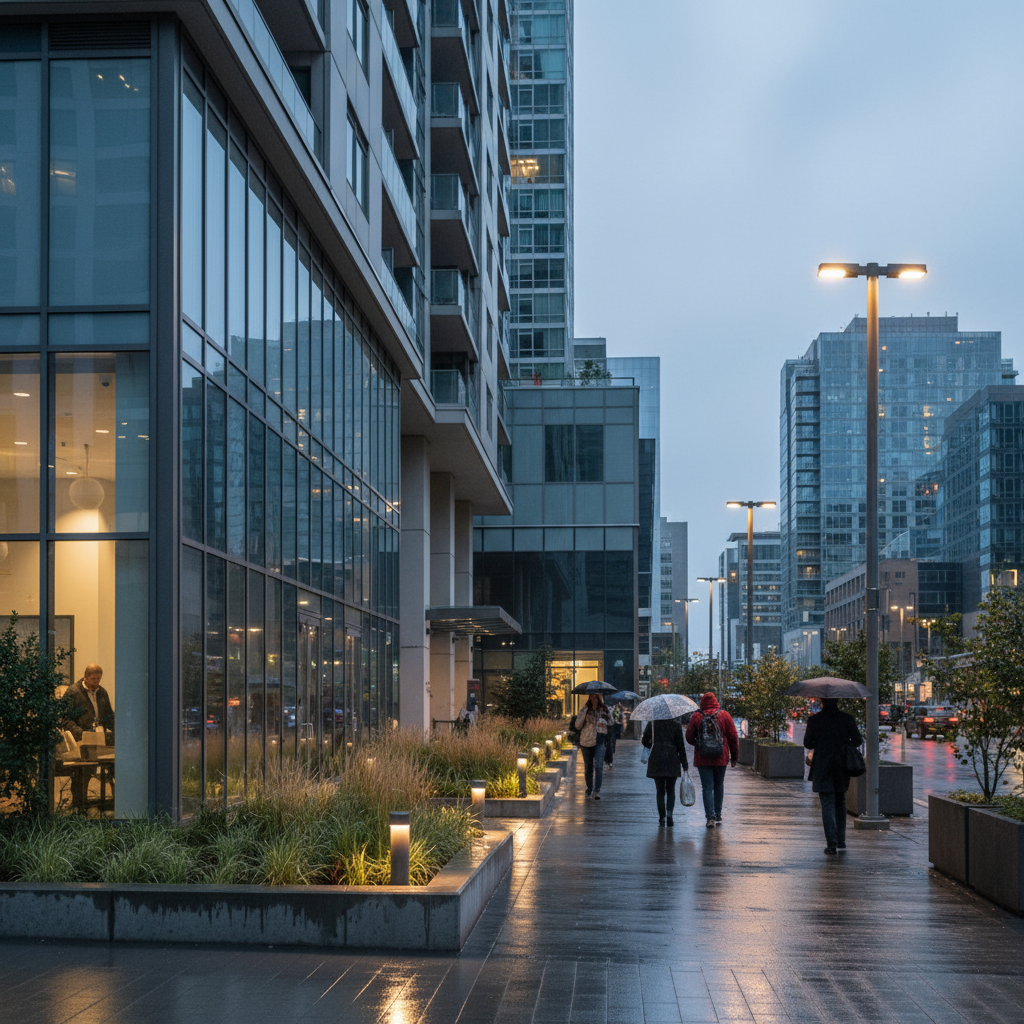 Street-level view of a contemporary downtown Edmonton condo entrance with glass facade and landscaped walkway, illustrating access and security considerations for downtown Edmonton condos for sale