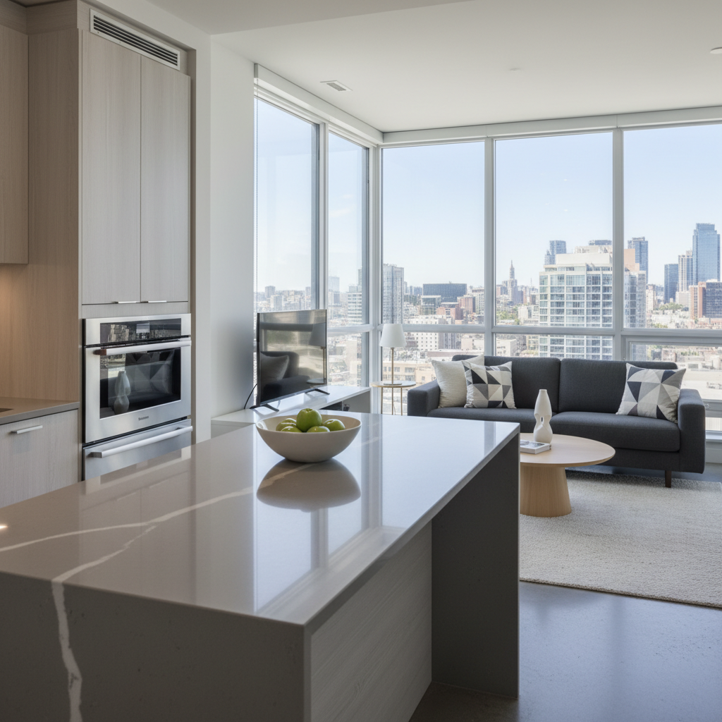 Modern downtown Edmonton condo interior with floor-to-ceiling windows and city skyline view, ideal for buyers searching downtown Edmonton condos for sale