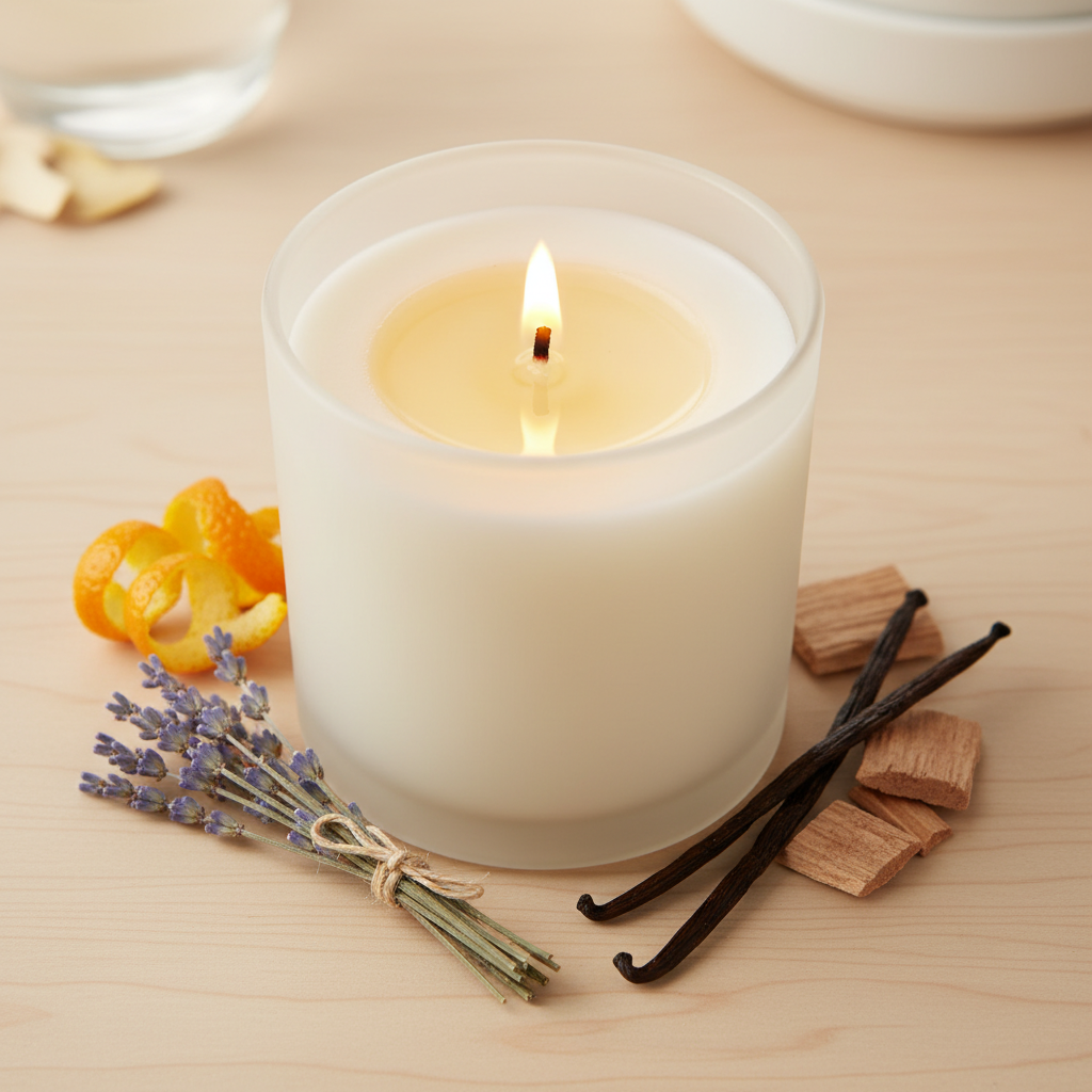 Close-up of a clean-burning soy coconut apricot wax candle with trimmed wick and glossy melt pool, surrounded by citrus, lavender, cedar, and vanilla notes