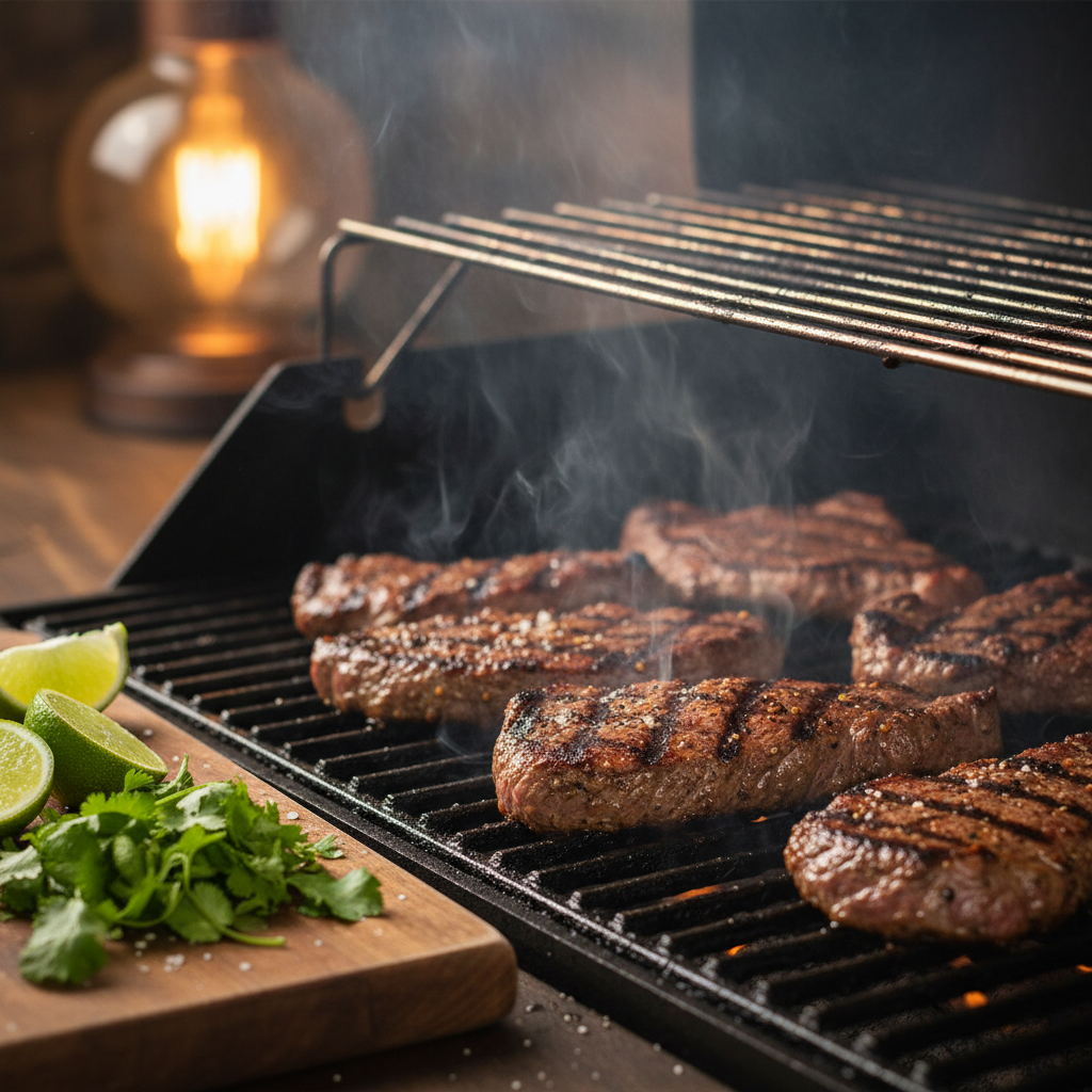 Close-up of carne asada sizzling on the grill for Mexican grill dishes, perfect for tacos and bowls