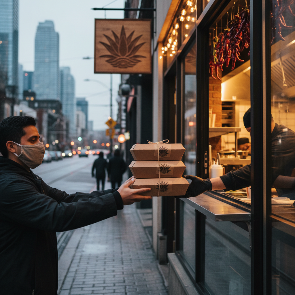 Takeout Mexican grill order being handed to a customer on Queen Street West in Toronto