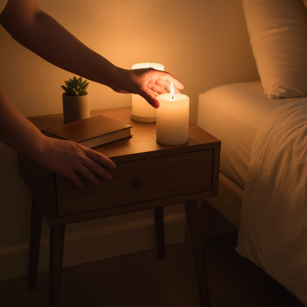 Warm evening scene of placing a candle on a nightstand, golden ambient light and relaxed bedroom atmosphere for cozy home fragrance