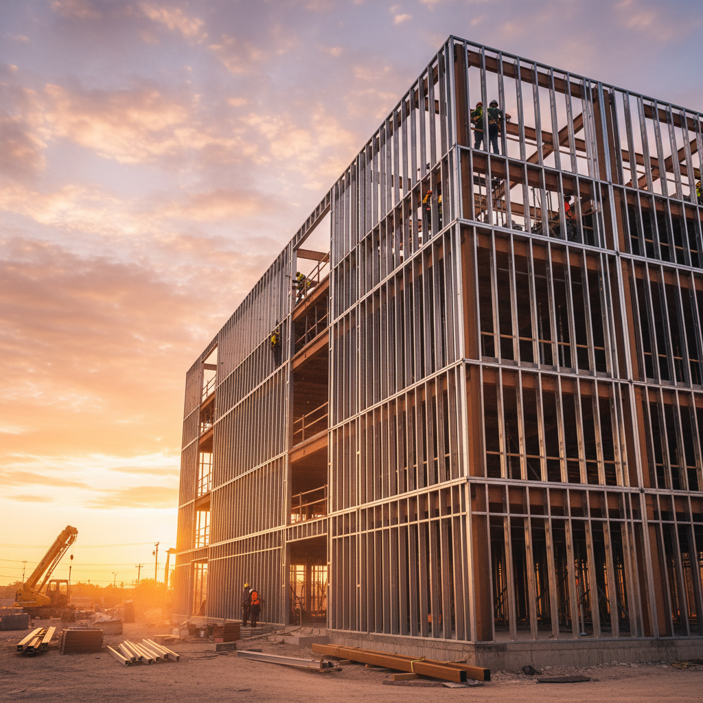 Exterior heavy gauge steel stud framing on a mid-rise building at golden hour, illustrating structural metal stud applications