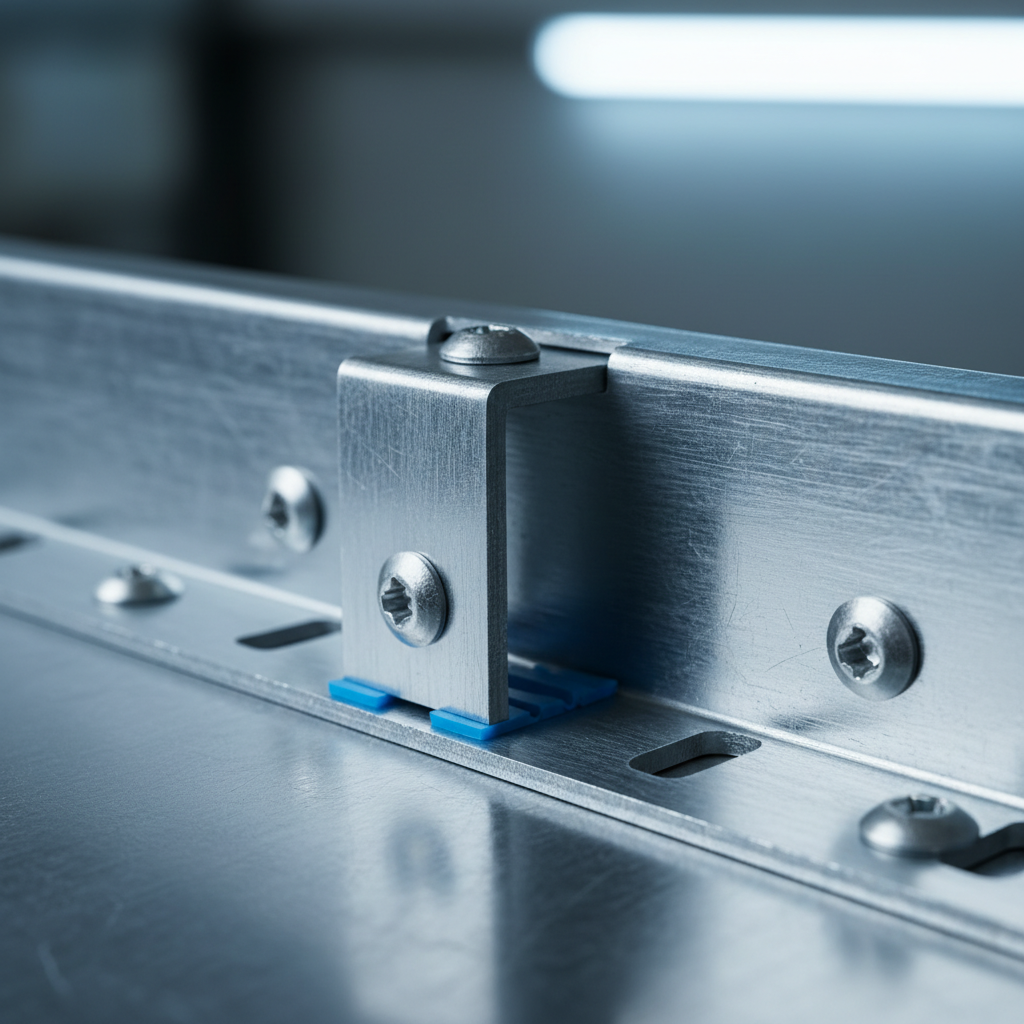 Close-up of slotted deflection track and metal stud connection demonstrating head-of-wall movement in steel framing