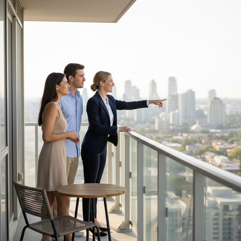 Real estate agent guiding Brampton condo buyers on a balcony, illustrating practical Brampton condo search tips with a live city view