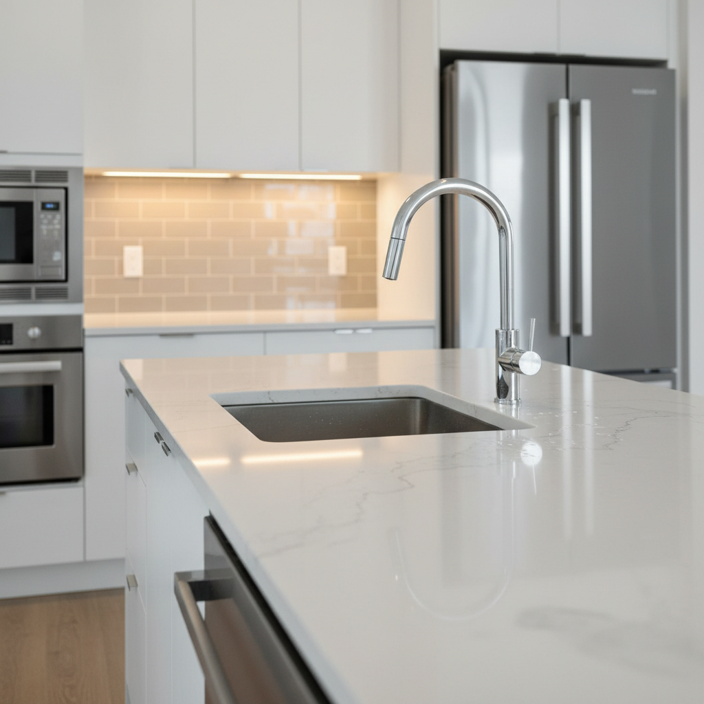 Detail view of a modern Brampton condo kitchen used in a condo search, showcasing finishes buyers compare during Brampton condo search tips