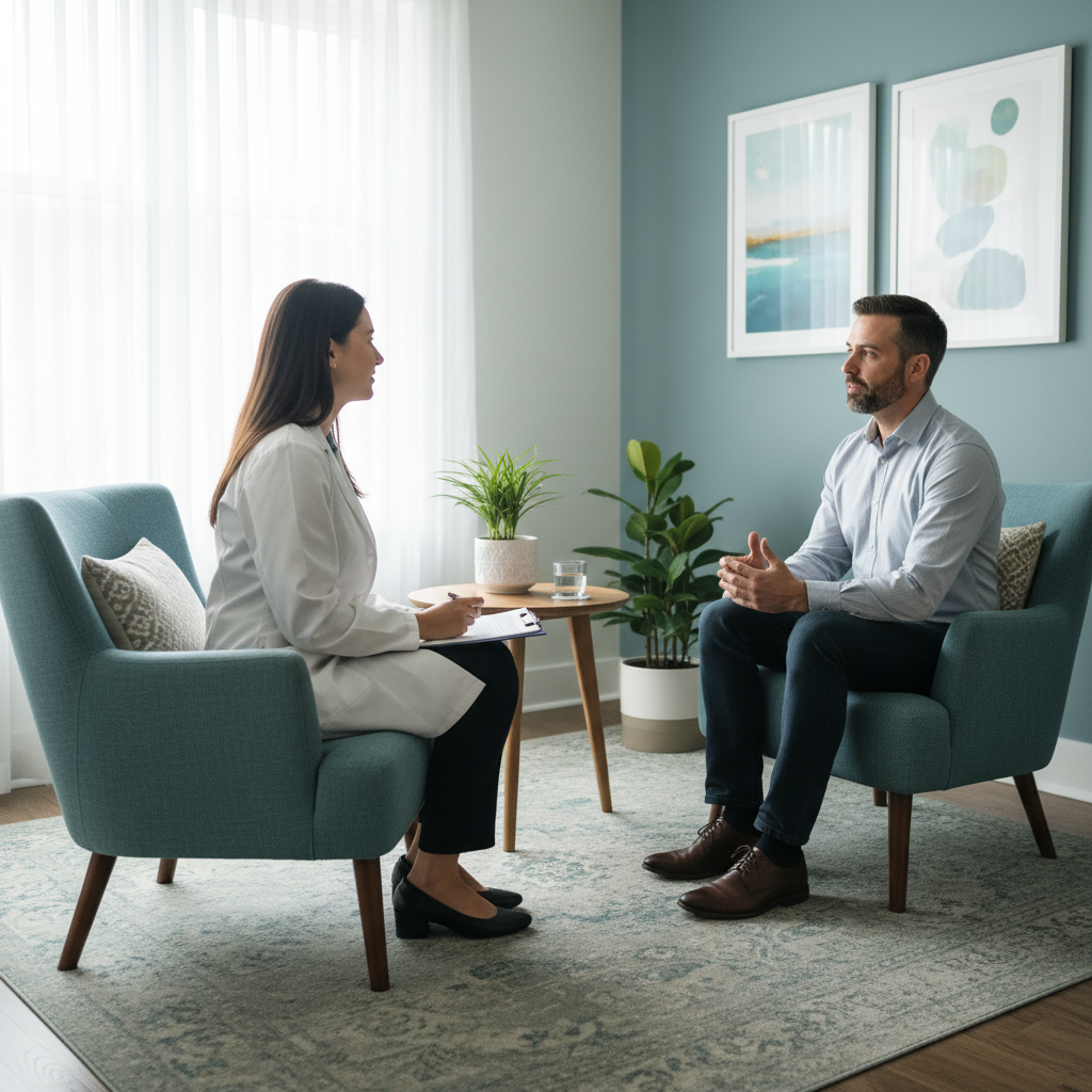 Private counseling session at an addiction agency in Ontario, clinician and patient in a calm, judgment-free room supporting long-term recovery