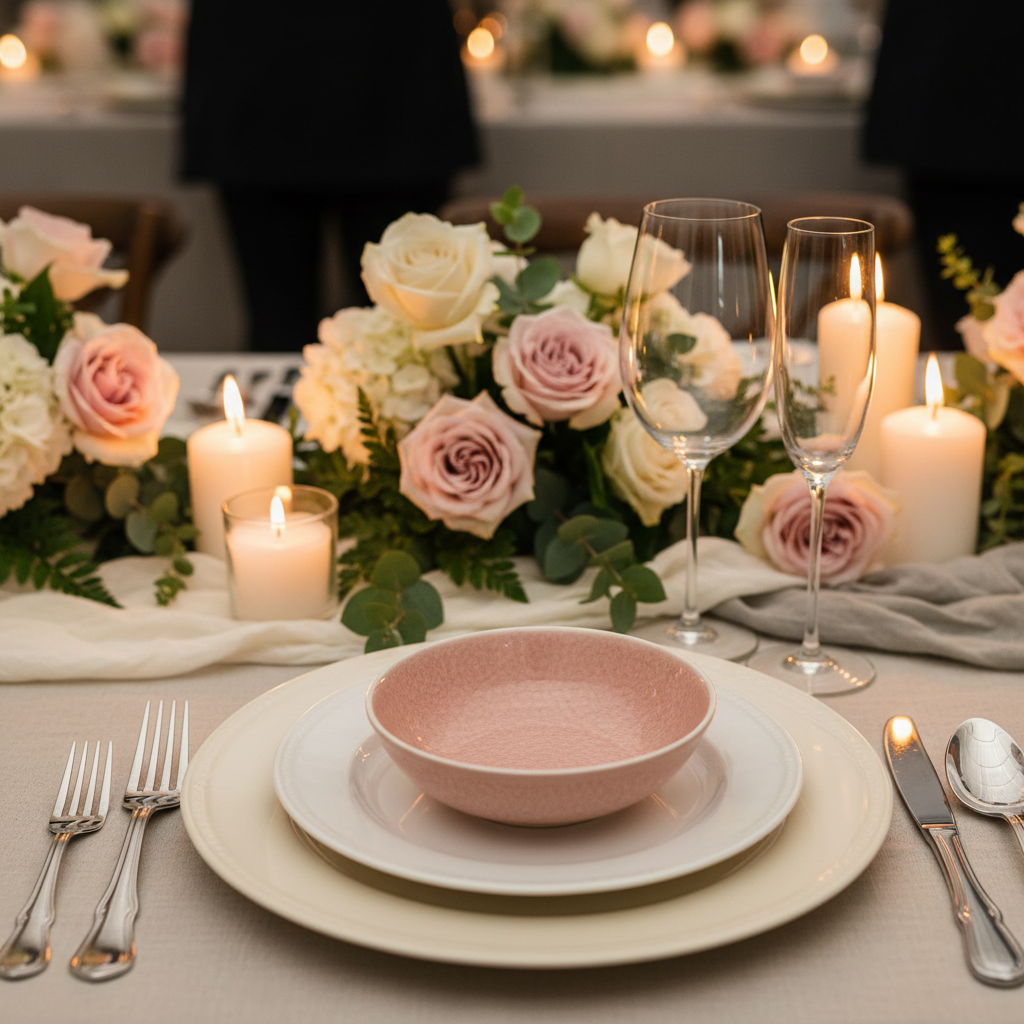 Elegant tablescape for a private celebration with candles, crystal glassware, and blush florals, organized using a private celebration planning checklist