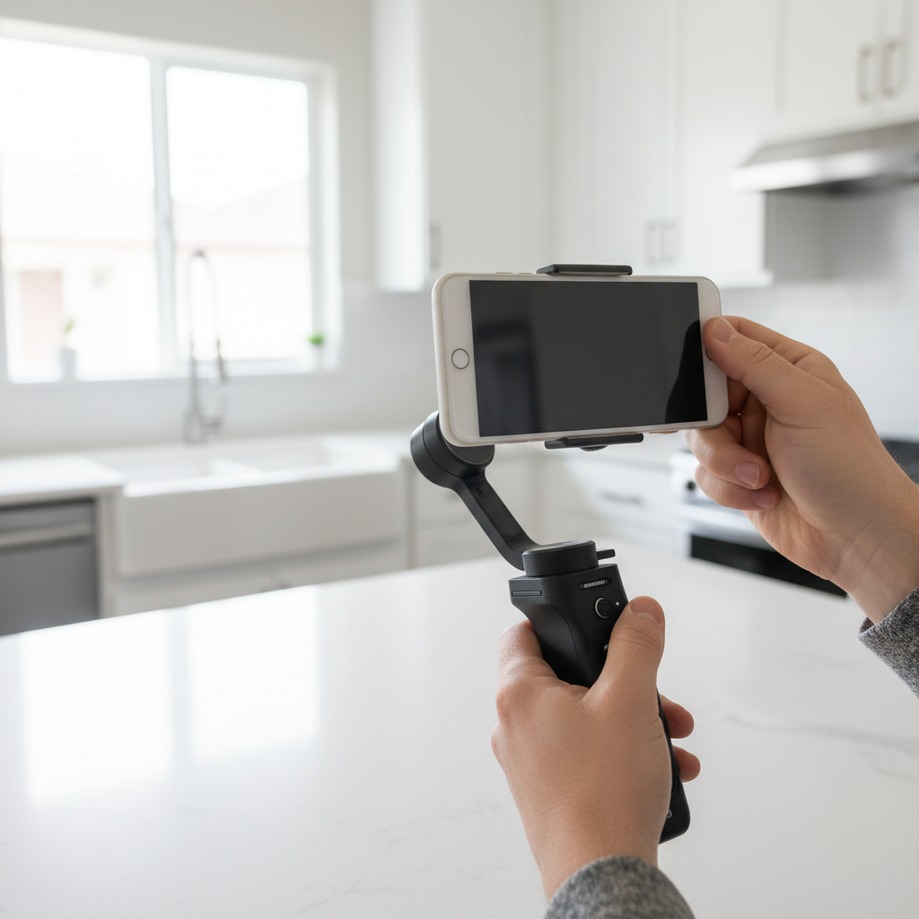 Homeowner capturing bright kitchen listing photos with smartphone gimbal for list my home on Houseup