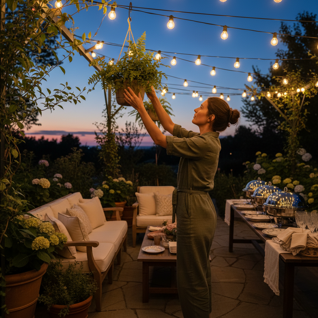 Event planner adjusting string lights at a London garden party, demonstrating day-of execution from a private celebration planning checklist