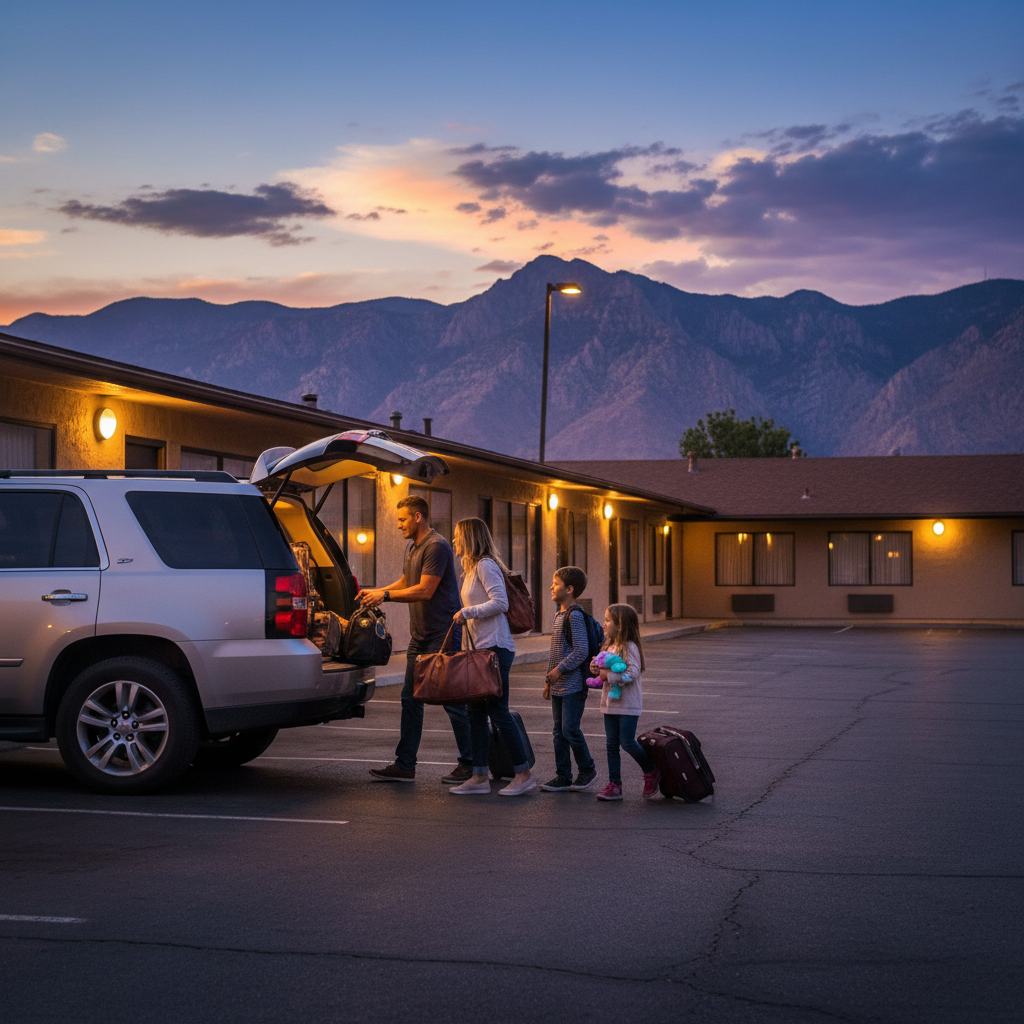 Family unloading luggage beside a motel room with mountain backdrop, illustrating easy parking and access for budget lodging