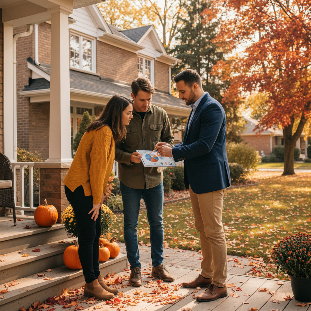 Real estate agent meeting homeowners on a Brampton front porch reviewing home value analysis on a tablet for GTA pricing strategy