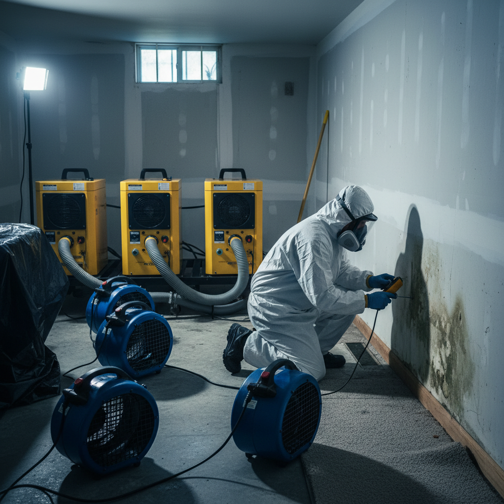 Basement drying equipment and moisture meter check during mold mitigation services in Ontario