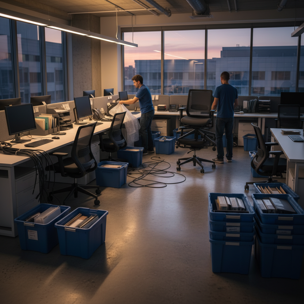 Office relocation scene in Dubai with movers securing monitors and organizing cables to control movers cost