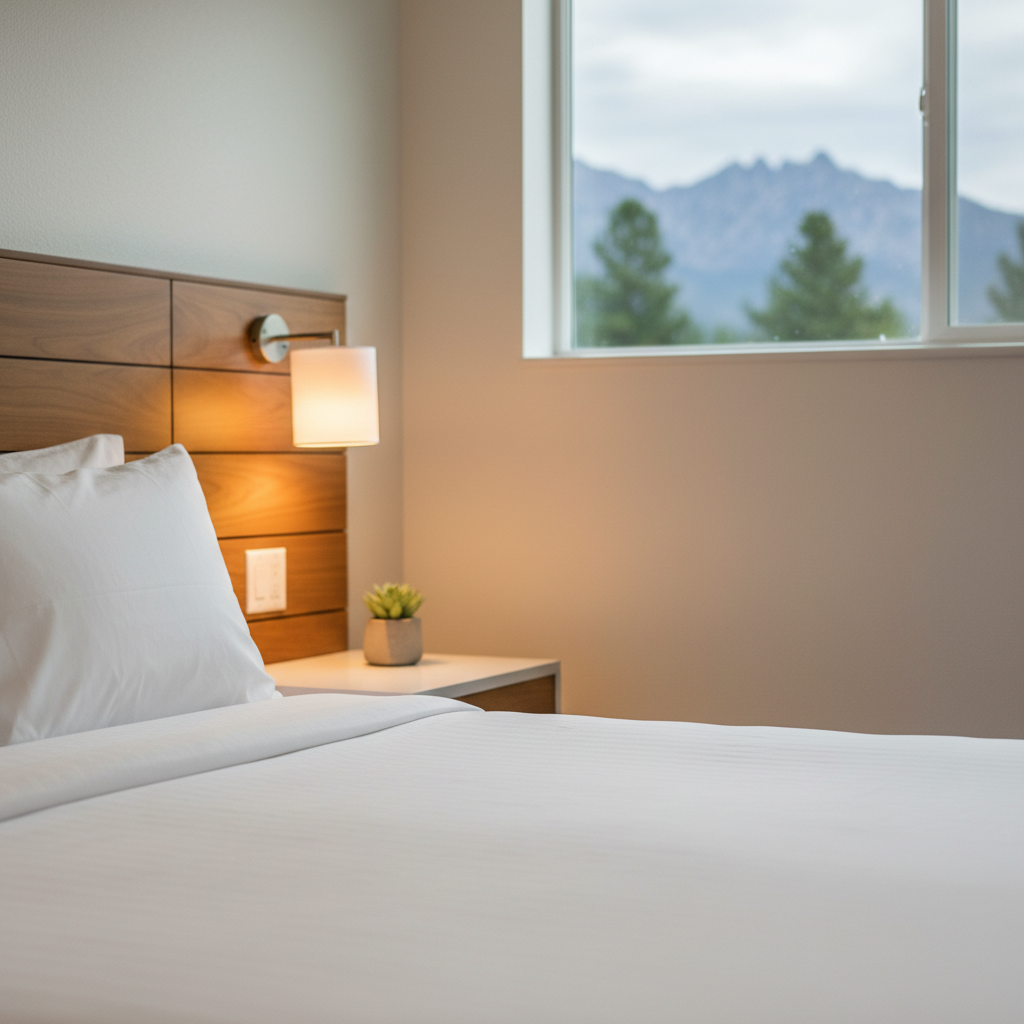 Renovated North Conway motel room with crisp white bedding and mountain-view window for inexpensive lodging