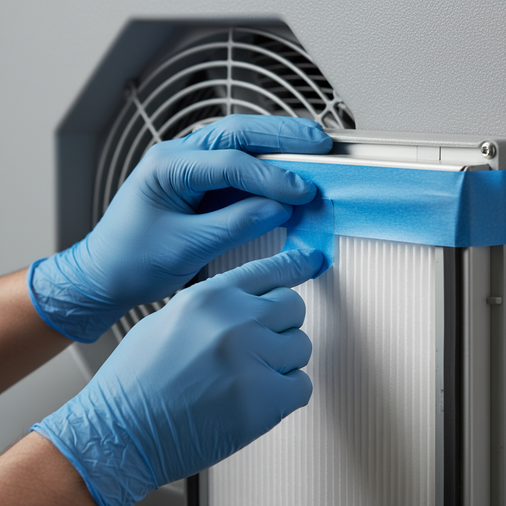 Close-up of HEPA filter installation on a negative air machine used in mold mitigation services