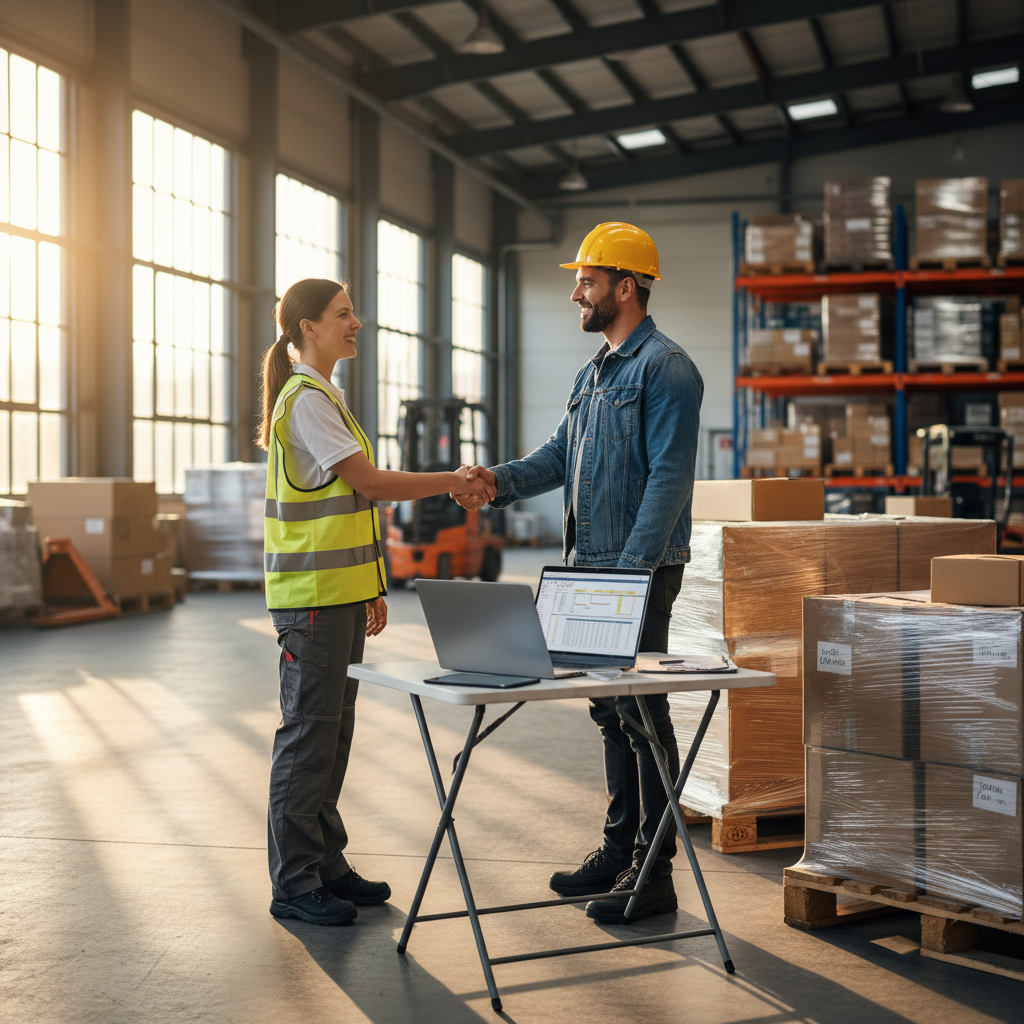 Logistics manager and contractor shaking hands after aligning bid readiness steps in a warehouse setting